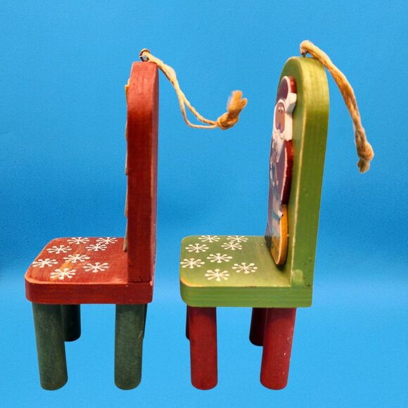 Vintage Wooden Santa & Tree Chair Folk Art Ornaments Handcrafted Set 1997 - Picture 5 of 10